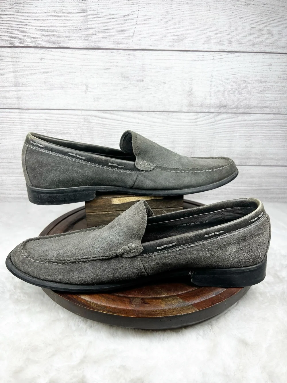 John Varvatos Slip On Loafers Suede Leather Grey Men’s Shoes 12M Preppy FLAW